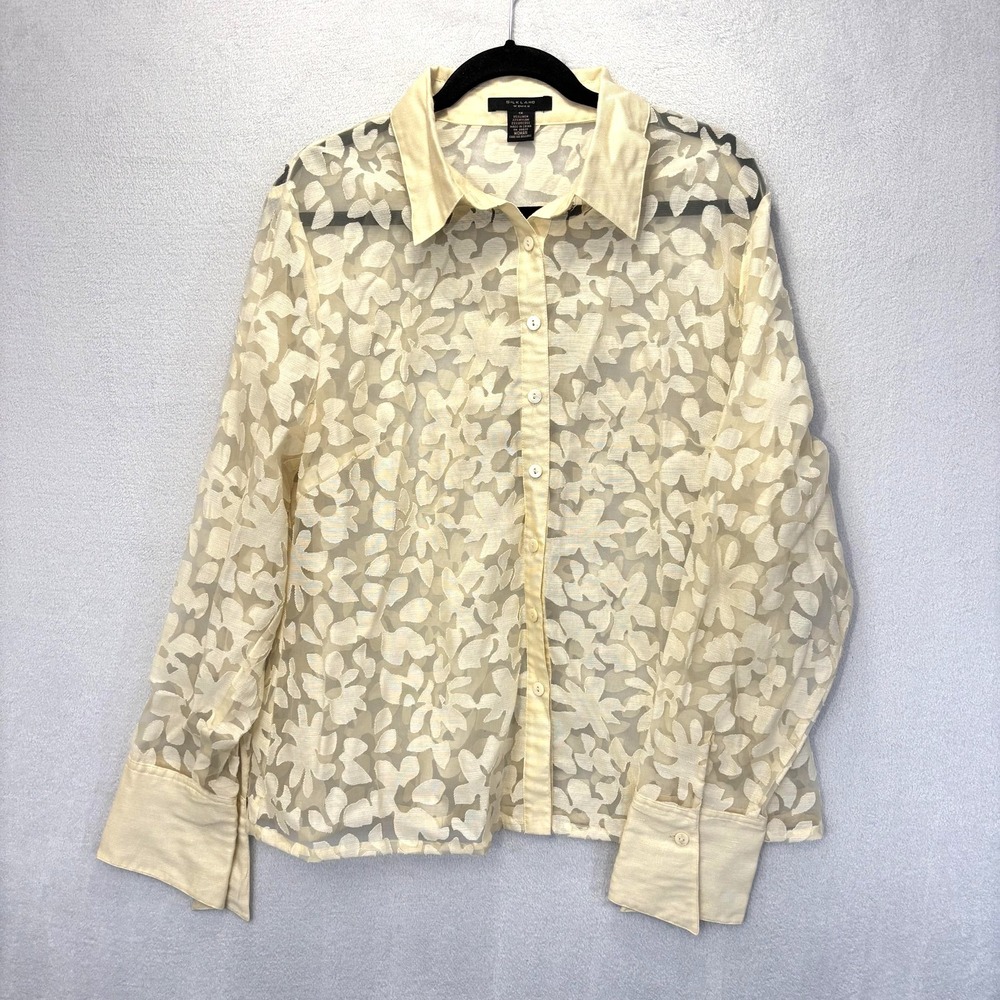 Vintage Silkland Linen Blend Floral Sheer Button-Up Shirt Womens 1X Ivory‎ Mesh